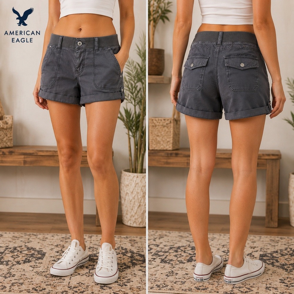 American Eagle Gray Utility Cargo Shorts Ribbed Waistband Cuffed Hem Size 0